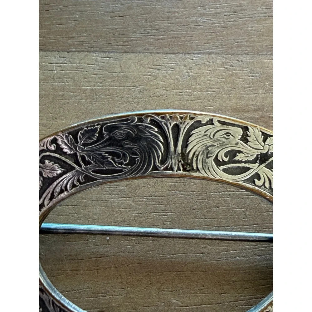 Antique Silver Plated Engraved Sash Pin Dragons Griffins Flowers